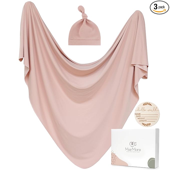 MairMore Baby Swaddle Receiving Blankets with Matching Beanie Set Newborn Nursery Swaddle Wrap for Baby Girls and Boys (Pink)