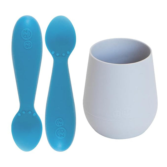 ezpz Tiny Cup (Pewter) + Tiny Spoon (2 Pack in Blue) - baby essentials, cup and spoon