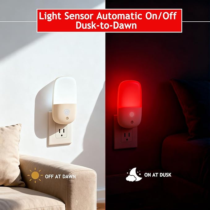 670nm Red Light Night Light for Sleep Therapy, 3 Pack Auto On/Off Dimmable Night Light with Dusk to Dawn Sensor, LED Night Lights Plug into Wall Promote Melatonin Natural Sleep for Baby Kid Adult Room