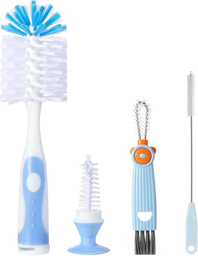 Baby Bottle Brush Set 4 in 1, Baby Bottle Cleaner, with 1P Nylon Bottle Brush, 1P Bottle Cap Brushes, 2P Straw Brushes, Bottle Brush with Nipple Cleaner and Suction Cup, BPA-Free(Blue)