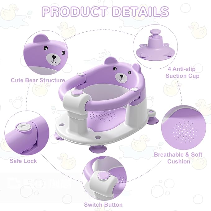 Baby Bath Seat for Babies 5-10 Months, Non-Slip Toddler Bath Seats for Babies Sitting Up, Safe Infant & Newborn Bathtub Chair with 4 Suction Cups & Soft Cushion for Shower,Lavender