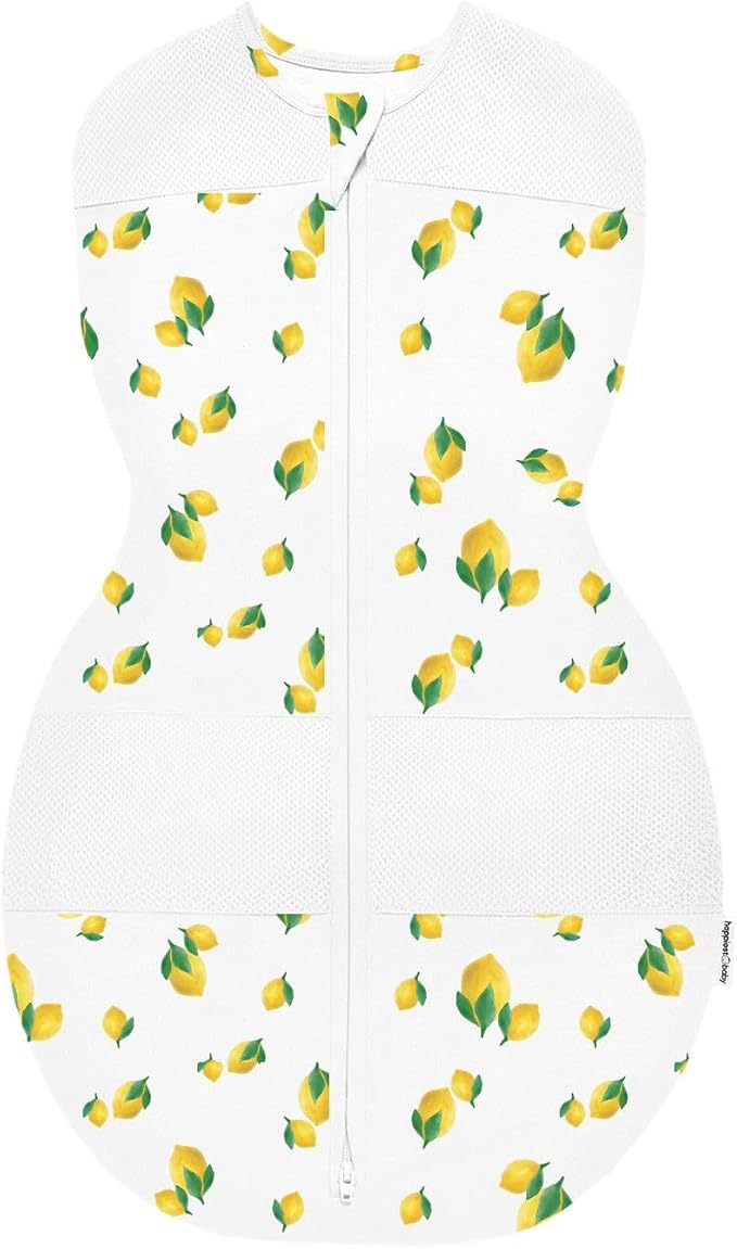 Happiest Baby Sleepea 5-Second Swaddle - 100% Organic Cotton Baby Swaddle Blanket - Doctor Designed Promotes Healthy Hip Development (Ivory Lemons, Small)