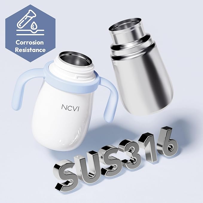 NCVI Kids Stainless Steel Straw Cup for Toddler 1-3 Years Old, Training Tumbler with Straw Spill Proof with Handle, Insulated Bottle to Keep Cold Warm for Water/Milk/Drink, Blue 10floz,Christmas Gift