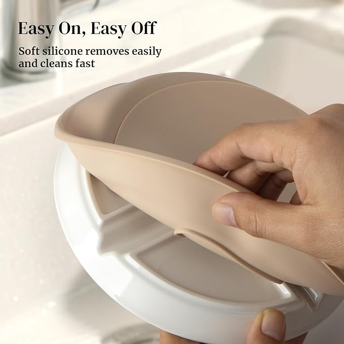 DOWAN 7.8'' Ceramic Toddler Suction Plates, 4 x Divided Baby Plates with Silicone Sleeve, Lead-Free Unspill for Self-Feeding, Microwave & Dishwasher Safe, Easy Release, for Home/High Chair/On-the-Go