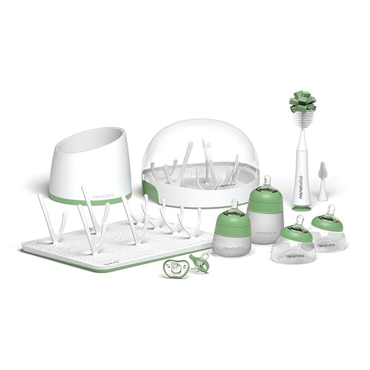 Nanobebe Breastmilk and Silicone Baby Bottle Ultimate Set Gen 2, 5oz and 9oz - with Sterilizer, Drying Rack, Anti-Colic Nipples, Pacifiers, and Warmer - Sage