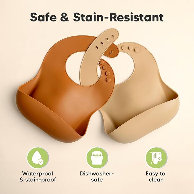 KeaBabies 2-Pack Silicone Bibs for Babies, Toddlers Girl, Boy ??Sturdy Food-Grade Baby Bibs for Eating, Large Food Catcher, Clean & Put On Easily, Waterproof Toddler Feeding Essentials (Terracotta)