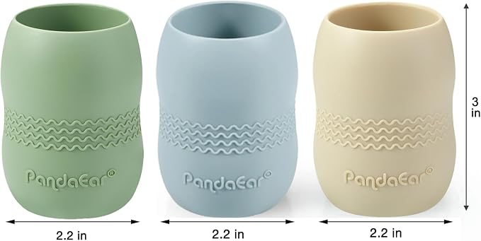 PandaEar 3 Pack 100% Tiny Silicone Drinking Training Cup for Baby and Toddler, Tiny Open Cups for Infants, 3.5oz (Blue/Green/Tan)