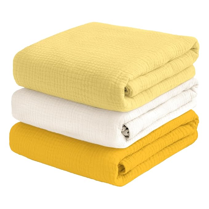 Muslin Swaddle Blankets for Baby Boy - 3 Pack 47x47 Inch Large Receiving Blankets, Soft Breathable Cotton Nursery Swaddles for Newborn, Infant & Todler (Yellow, White, Banana)