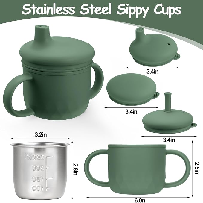 Mity rain Stainless Steel Sippy Cups for Toddlers1-3, Baby Straw Cups for 6+Month Old with Travel Lid, Silicone StrawReplacement Straw & Cleaning Brush-8oz Toddler Cups Spill Proof