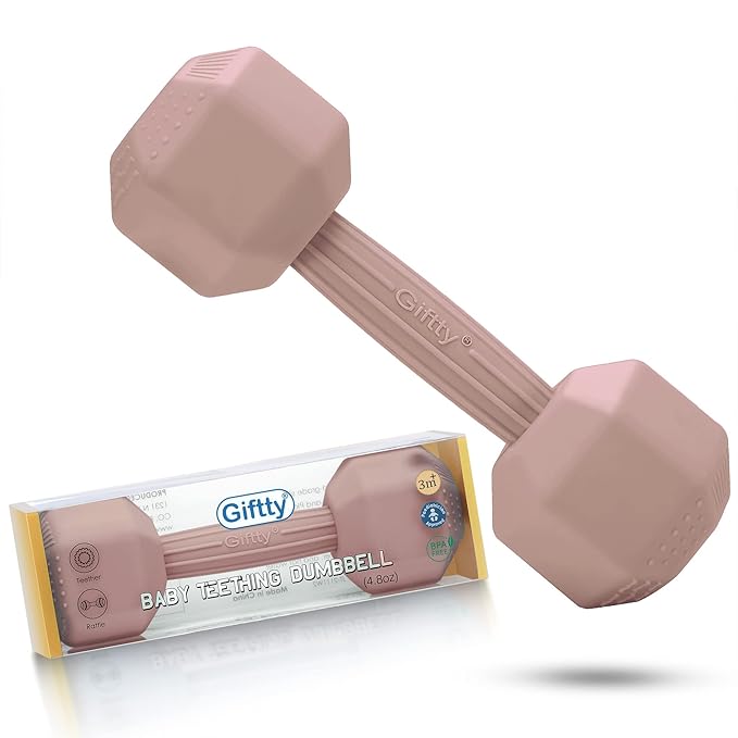 Giftty Baby Dumbbell Toy - Silicone Infant Rattle Teething Toy Teether Toddler Sensory Toy Durable Safe Exercises Workout Weight - Great Gift for Girls and Boys (1pcs - Sandy Brown)