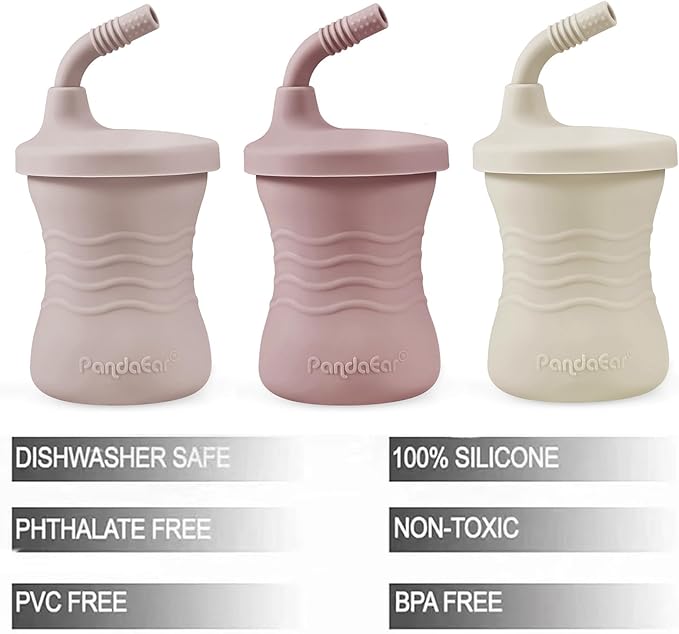 PandaEar 3 Pack Silicone Baby Training Cup, Straw Cups，Shatterproof Toddler Sippy Cups Drinking Sippy Cups for Baby and Toddler 6 Months+ 5 Oz (Pink/Light Pink/Linen)