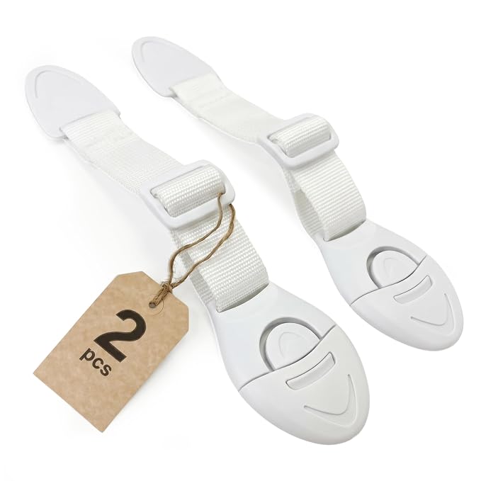 Mommy’s Helper Baby Safety Strap Locks for Strollers & Joggers – Adjustable Child Proof Lock, Strong Adhesive, One-Hand Release, Universal Fit for Frames & Folding Mechanisms (White, 2-Pack)