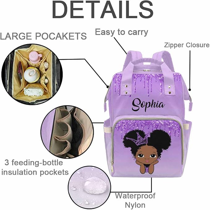 M YESCUSTOM Custom Name Diaper Bag, Personalized Purple Glitter Nylon Nursing Mommy Bags Gradient Waterproof Travel Backpack with Large Capacity for Women