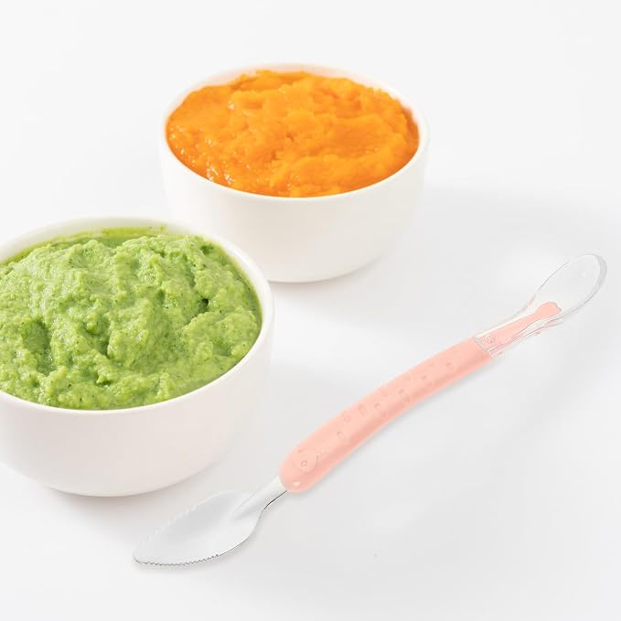 TIDTALEO Double-head Stainless Steel and Silicone Spoon with Storage Box Fruit Puree Scraping and Feeding Utensil Lightweight Portable Cutlery for Self-feeding and Weaning Essentials