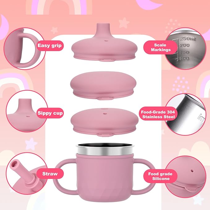 BUSOHA Stainless Steel Toddler Sippy Cup ??8oz Spill-Proof Straw Cup for 6+ Month Babies & Toddlers, 3-in-1 Reusable Travel Cup with Brush ??Dishwasher Safe, Kids Drinking Cup, Pink