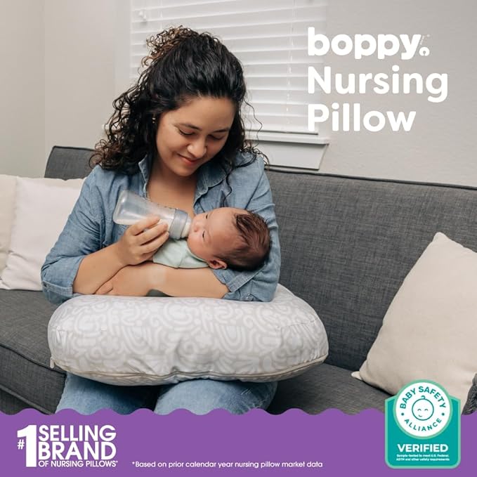 Boppy Nursing Pillow - Firm, Ergonomic U-Shaped Bottle and Breastfeeding Pillow with High Lift for Comfort and Support, Spacious Surface - Cream Retro Squiggles