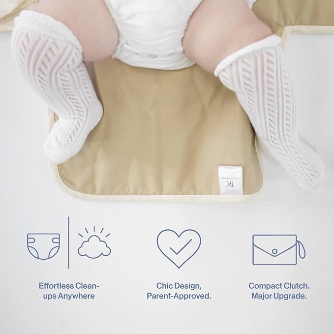 Toddlekind Mini Maven Portable Changing Pad ??Organic Cotton & Water-Resistant Polyester ??Travel-Friendly, Foldable Change Mat ??Tofu Beige Stripes with Wave Stitching ??Chic, Durable, Easy to Clean