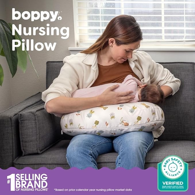 Boppy Nursing Pillow - Firm, Ergonomic U-Shaped Bottle and Breastfeeding Pillow with High Lift for Comfort and Support, Spacious Surface - Tan Happy Houseplants