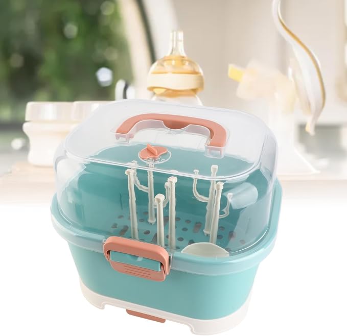 Ejoyous Baby Bottle Drying Rack Organizer, Nursing Bottle Storage Box, Compact Household Dust Proof Draining Thickened Plastic Bottle Holder Box for Home Travel (Green)