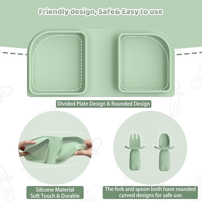 Green Foldable Silicone Baby Feeding Set, Portable Travel Baby Feeding Essentials Including Toddler Plates, Silicone Baby Spoon&Fork, Adjustable Foldable Bib, Portable Infant Toddler Utensils