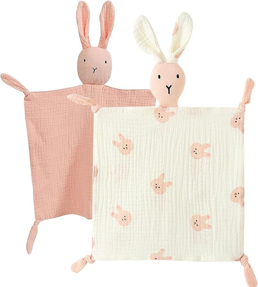 Organic Cotton Muslin Lovey Blanket, Organic Cotton Muslin Bunny Security Blanket Soft & Breathable Lovie Baby Gifts for Boys and Girls