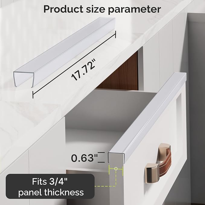 Snugly Fit 18" Length Cabinet Door Protector, Flexible Slip-On Plastic Edge Guard, Thin Transparent Edge Protectors to Prevent Wear, Chipping, Discoloration, Cabinet Bumpers, 3/4" Thick, 10 PCS