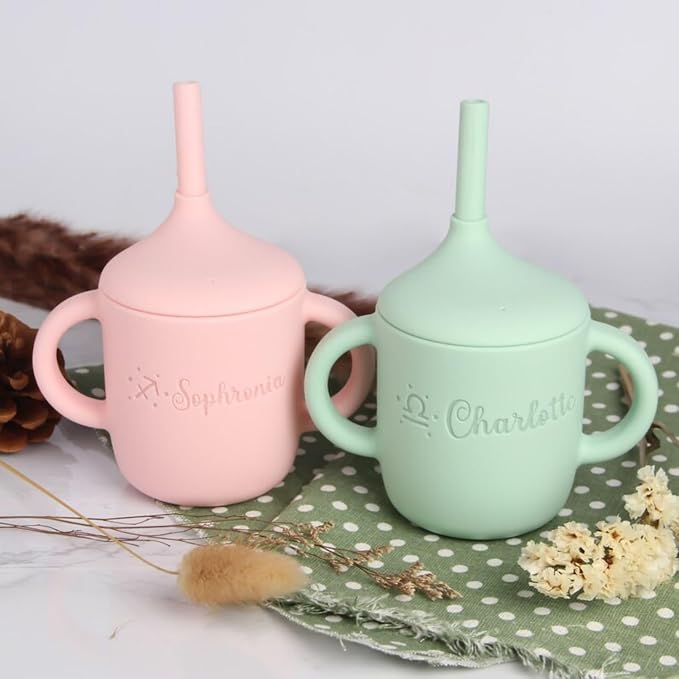 Customized Name Baby Silicone Straw Cup Food Grade Toddler Training Container Silicone Baby Cup With Straw And Lid 5 Styles To Mix And Match Best Gift For Newborns (B)