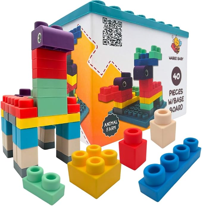 Soft Rubber Building Blocks with Baseboard - Extra Large Toddler Blocks Ages 12mo+ - Chew-Safe Sensory Stacking Toys - STEM Learning Set with Building Guide - Not Compatible with Duplo/Mega