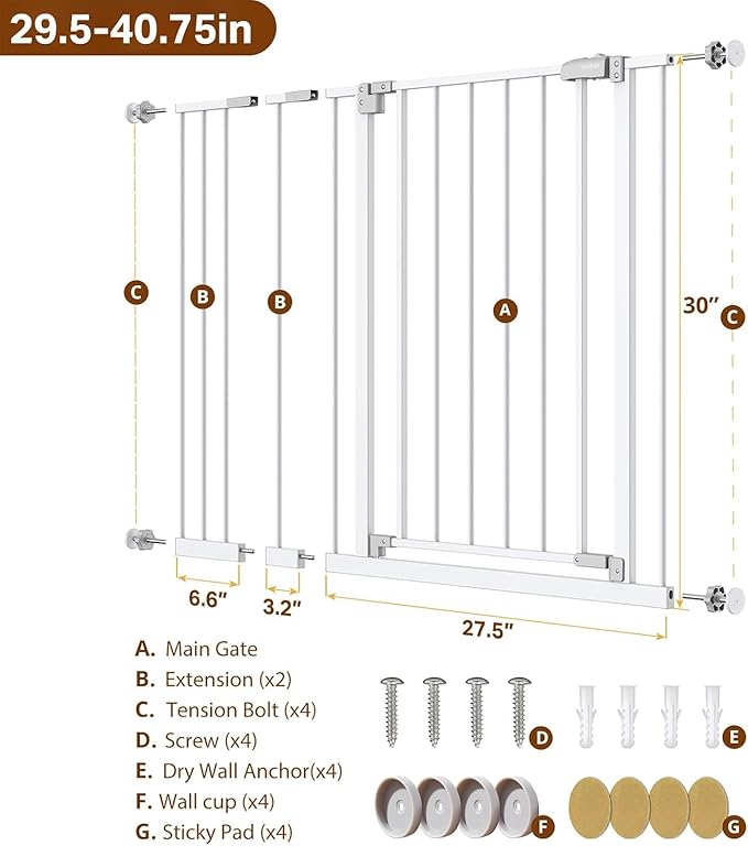 InnoTruth 29.5??0.75" Baby Gate for Stairs, 30" Tall Dog Gates for Doorways & Hallways, Safety Gate for Kids & Pets, Pressure-Mounted Walk-Through with Dual Lock & 2-Way Swing, White