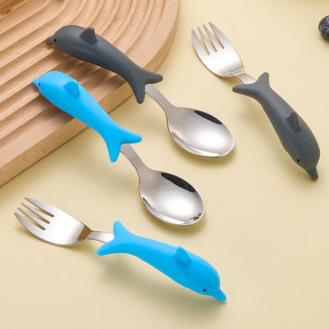 Baby Toddler Fork and Spoon Utensil Set, Dolphin, 4 Pack | With Case, Silicone Handle, 304 Stainless Steel