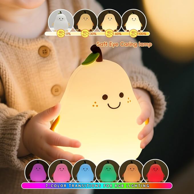Pears Baby Night Light for Kids, Squishy Silicone Pear Night Lamp, 7 Colors 3 Dimmable LED Night Lights for Nursery Decor, Rechargeable Bedroom Nightlight Baby Touch Lamp, Gifts for Girls Boys Toddler