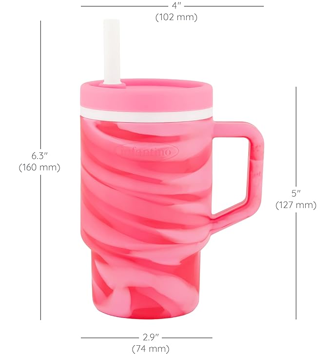 Infantino My 1st Tumbler, 9 Oz. Silicone Sippy Cup with Straw & Handle, Spill-Resistant Baby Cup for On-the-Go, BPA-Free Transition Bottle, Swirl Strawberry