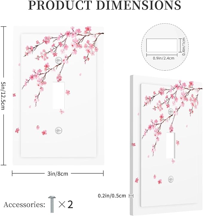 Watercolor Cherry Blossoms Flowers Pink Floral Decorative Light Switch Cover 1 Gang Single Toggle Device Electrical Faceplate Switchplates Decorator Outlet Wall Plate for Bedroom Living Room Decor