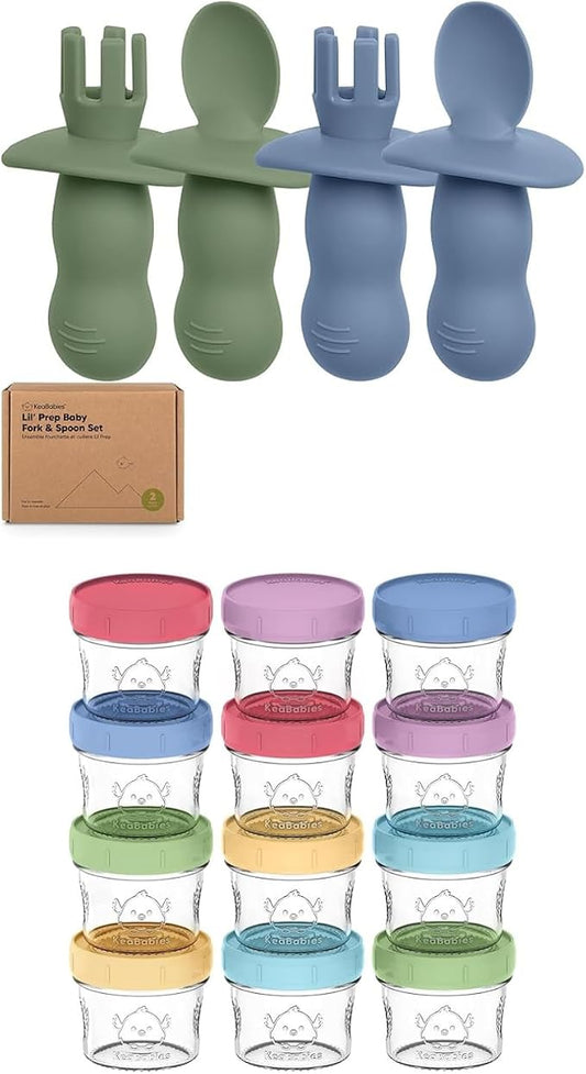 Keababies 4-Pack Silicone Baby Spoons and Forks Set and 12-Pack Baby Food Glass Containers - Baby Spoon Self Feeding, BLW Baby Utensils - 4 oz Leak-Proof, Microwavable, Baby Food Storage Container