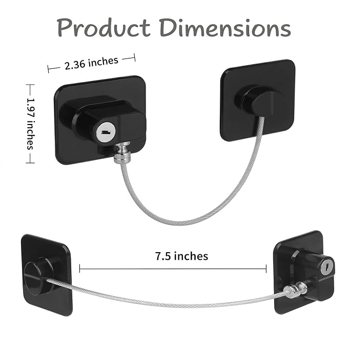Child Safety Device Refrigerator Door Lock with Key and Adhesives, Cabinet Restrictor Cable for Baby and Toddler, Lock for Cupboards, Drawers, Fridge, Wardrobe, Black, Pack of 1