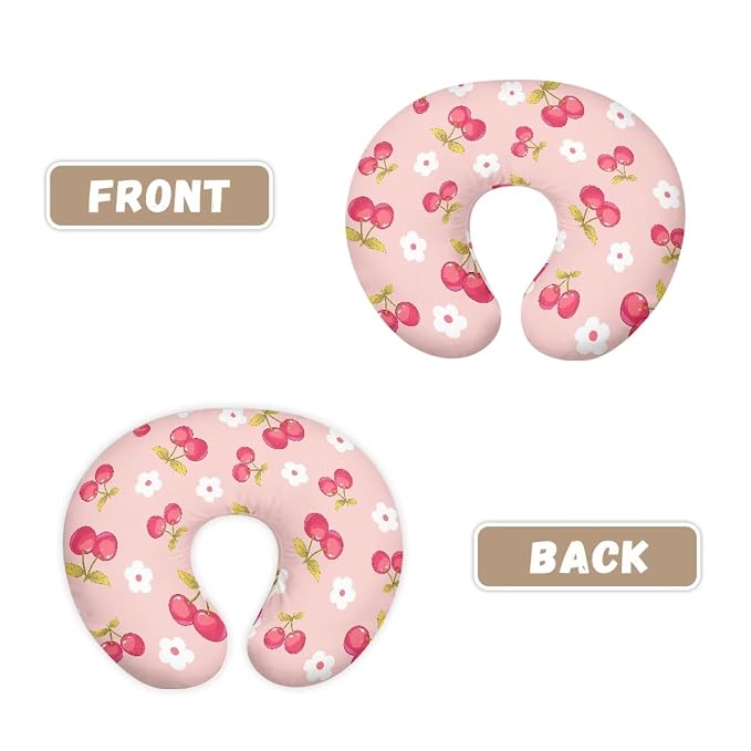 Pink Cherry and Floral Nursing Pillow Cover Slipcover for Breastfeeding Pillows, Soft and Stretchy Safely Breastfeeding Pillow Cover Easy to Clean