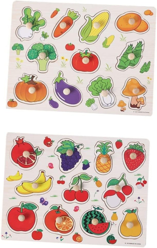 BESPORTBLE 2PCS Wooden Peg Knob Puzzles for Preschool Educational Chunky Fruit and Vegetable Shapes Hand Eye Coordination and Fine Motor Skills Development Safe Non Toxic Paint