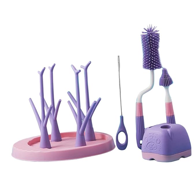 Baby Bottle Drying Rack with Bottle Brush Set, Baby Bottle Holder Baby Bottle Rack and Baby Bottle Brush Cleaner, Violet