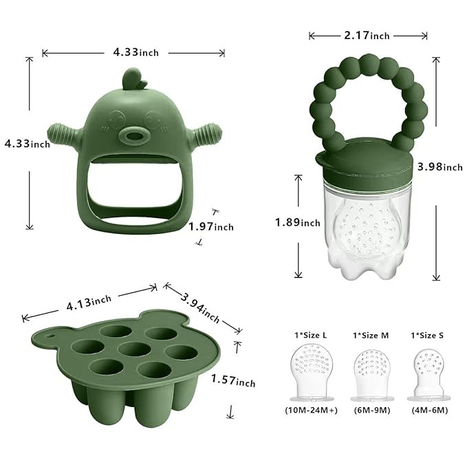3-in-1 Baby Food & Fruit Feeder Set ??Breastmilk Popsicle Mold with Freezer Tray, Teething Relief Toy, BPA Free Infant Silicone Feeding Combo, 3 Bonus Sizes (S/M/L) Sacs (Olive Green)