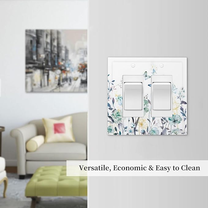 Romantic Floral Butterfly Leaf Flower Golden Pollen Decorative Outlet Covers 2 Gang Double GFCI Rocker Electrical Wall Panels Light Switch Cover Plate for Bedroom Living Room Decor