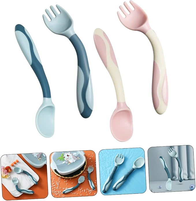 2 Sets Utensils Silicone Training Spoons and Forks with Flexible Bendable Design Non-slip Handle for Self-feeding Pink and Blue