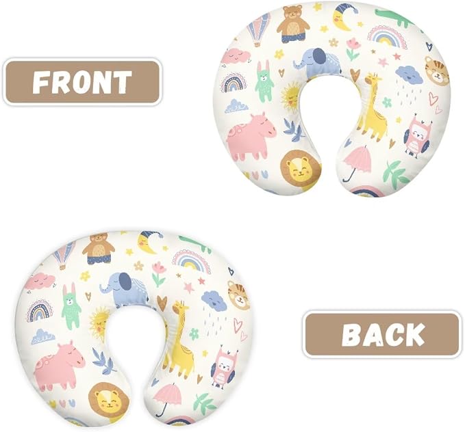 Cute Nursing Pillow Cover Stretchy and Soft Nursing Cover for Breastfeeding Pillows,Cartoon Animals Printed Pillow Slipcover for Baby Girls Boys Newborn White (Cover Only)