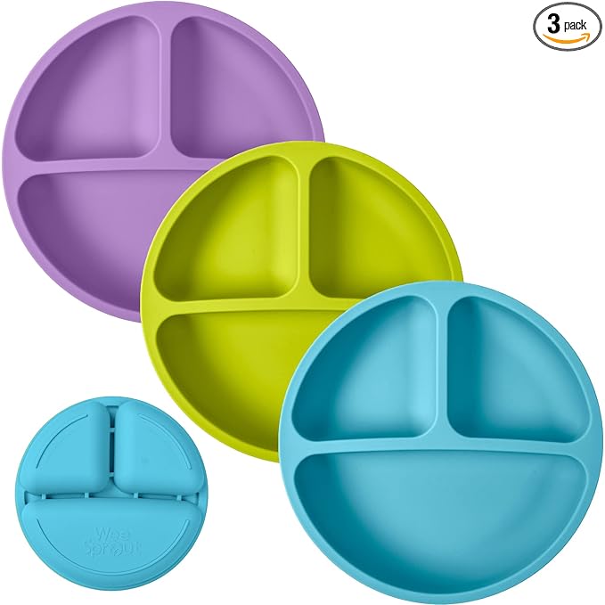 WeeSprout Silicone Plates for Babies & Toddlers (3 Pack) 100% Food-Grade Dishes for Self Feeding, Divided Design & Raised Edges for Picky Eaters, Dishwasher & Microwave Safe Weaning Supplies