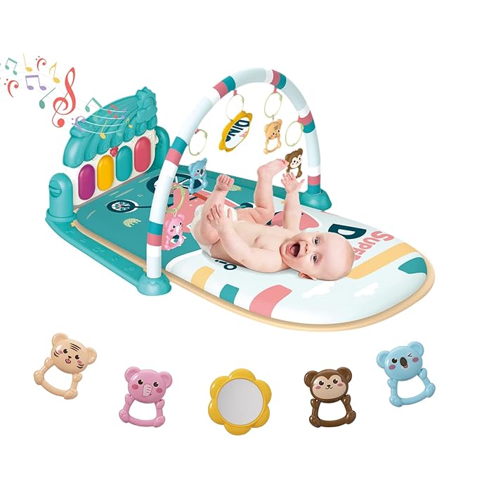 dearlomum Baby Play Mat & Piano Tummy Time Gym, Infant Sensory Activity Playmat with 5 Toys, Music & Lights, Developmental Gift for Boys & Girls 0-12 Months (Blue)