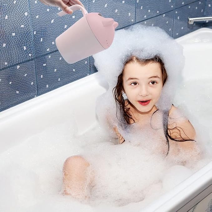 Control The Flow Baby Rinse Cup Cute Cartoon Cat Baby Rinser to Wash Hair and Body Pail Shampoo Rinser Rinser-Cup for Bath Time with Easy Grip Handle and 7 Water Outlets Pink