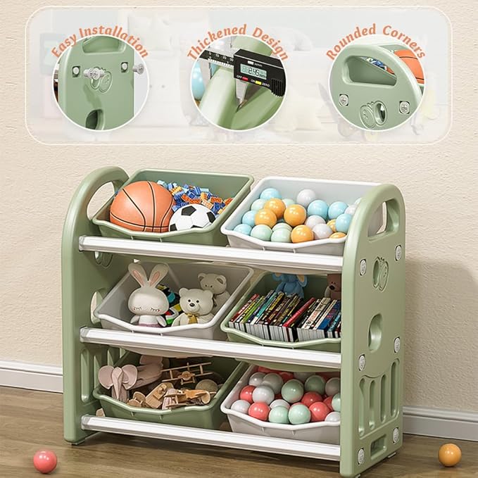 Kids Toy Storage Organizer, 3-Tier Shelves Multi-Functional Kids Storage Organizer with 6 Removable Bins Large Storage Capacity for Boys Girls Bedroom Playroom, Nursery (Green)