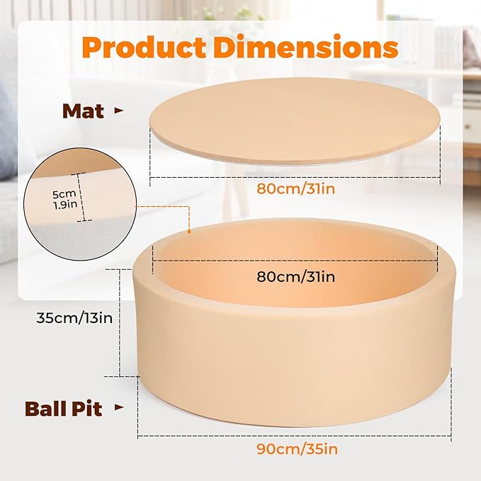 Soft Foam Ball Pit for Kids and Toddlers, Round Ball Pool with 36 x 12 Inches, Ideal Gift Toy for Children - (Balls Not Included) - Beige