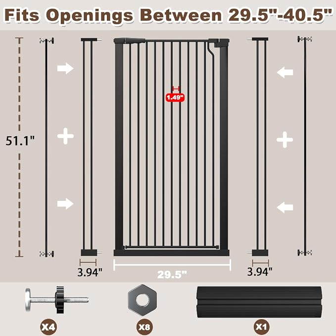 Fairy Baby 51.18" Extra Tall Cat Gate for Doorway, 29.5"-40.5" Extra Wide Pet Gate Dog Barrier Indoor for Cats Dogs, Kid Puppy Dog Gate No Jumping Over & No Climb, Metal Child Safety Proof Gate, Black