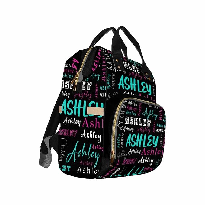 InterestPrint Custom Name Diaper Bag - Personalized Backpack with Signature, Text & Logo - Black, Green & Purple - Casual Daypack for Hiking, Camping & Work