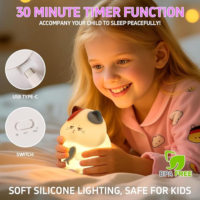 Cat Night Light for Kids, Squishy Silicone Cat Night Lamp, 7 Colors 3 Dimmable LED Night Light Nursery Decor, Toddler Night Lights for Bedroom, Rechargeable Nightlight Room Decor, Gifts for Girls Boys